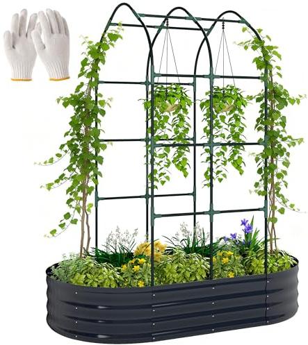 Outsunny Jardinière avec Treillis arqué, bac à Fleurs en métal, lit surélevé avec Brise-Vue, Fond Ouvert, Gants Inclus, pour Plantes grimpantes, légumes, Fleurs, 160x90x180cm, Gris foncé
