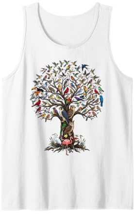 Detailed Ornate Tree with Diverse Bird Species Tank Top