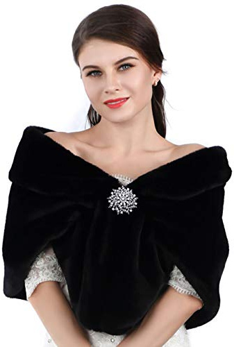 Unicra Chales y bufandas de piel sintética marrón para mujer, chal de pelo sintético para boda, estola nupcial de pelo de zorro sintético para novia y damas de honor, Negro, Talla única
