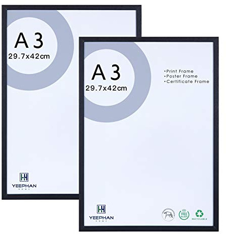 Lot de 2 cadres photo A3 (29,7 x 42 cm) en bois massif noir avec façade en plexiglas, pour photos, tableaux, affiches, certificats, pour installation murale et décoration d’intérieur