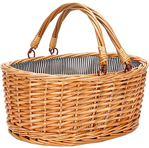 Wicker Picnic Basket with Double Folding Handles, Small Natural Willow Hamper Empty Basket Cheap Easter Eggs Candy Storage Wine Basket for Toy, Flower, Wedding Gifts（Grey Stripe S）