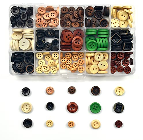 Handmade Wooden Button, 225 pcs Handmade Craft Sewing Button Round Shape 10 mm/ 11 mm/ 13 mm/ 15 mm Button with Plastic Storage Box Wood Buttons for Sewing and Crafting