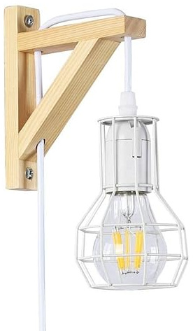 BarcelonaLED Lampada da parete in legno nordico con interruttore a spina per cavo, paralume a gabbia bianca vintage e lampadina a filamento LED E27 inclusa per soggiorno camera da letto
