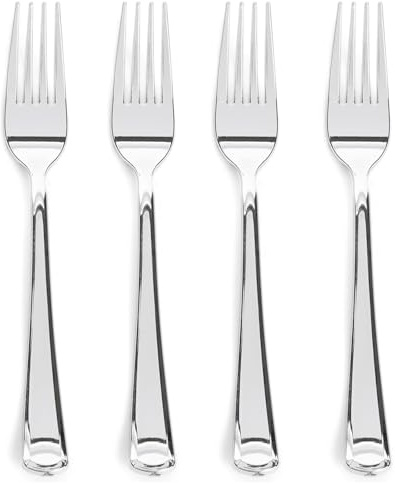 Prestee 300 Count Plastic Forks - 7 Inch Heavy Duty Disposable Silverware - Bulk Fancy Silver Fork Set for Table Decor - Durable Plastic Silverware for Parties, Events and Christmas Holidays