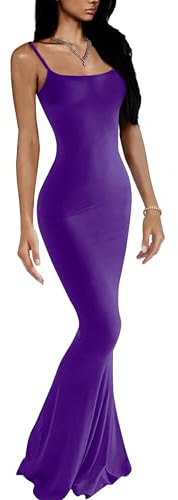 VIUTIL Dam maxi bodycon-klänning sexig spagettirem ärmlös tight slip långa klänningar 2023, Lila, M