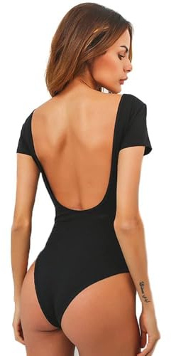 BKEPDY Body Donna Maniche Corte Collo Quadrato Schiena Scoperta Bodysuit Elegante Sexy Jumpsuit Tops Stretchy Maglietta Nero Tinta Unita Pagliaccetto Elasticizzato Leotard Top