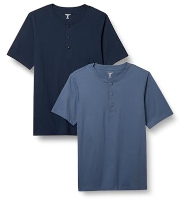 Amazon Essentials Men's Short-Sleeve Cotton Henley T-Shirt, Pack of 2, Navy/Blue, M