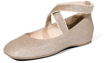DREAM PAIRS Women Flats wtih Comfortable Fashion Elastic Ankle Cross Strap Ballet Pumps Dolly Shoes SDFA2401W Gold-Glitter Size 9 UK/11 US