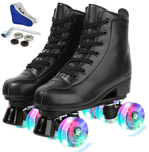 XUDREZ Roller Skates Women Man PU Leather Shiny Roller Skates Double Row Adjustable Quad Rollerskates for Beginner Boys Girls Kids 8+ Outdoor Indoor with Carry Bag Black flashing wheel EUR39-Uk6.5