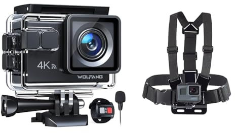 WOLFANG Caméra Sport GA100 4K 30FPS, Caméscope WiFi de 20 MP, Caméra Étanche & Amazon Basics Harnais de Poitrine avec Fixation pour caméra GoPro (Tous modèles), Noir