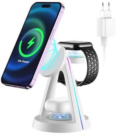 PKBD Chargeur Induction 3 en 1, Station de Charge pour iPhone 16/15/14/13/12/Pro/Max/Plus, pour Apple Watch 10/9/8/7/6/5/4/3/2/SE/Ultra, pour AirPods 4/3/2 Pro, Chargeur Sans Fil Adaptateur 18W, Blanc