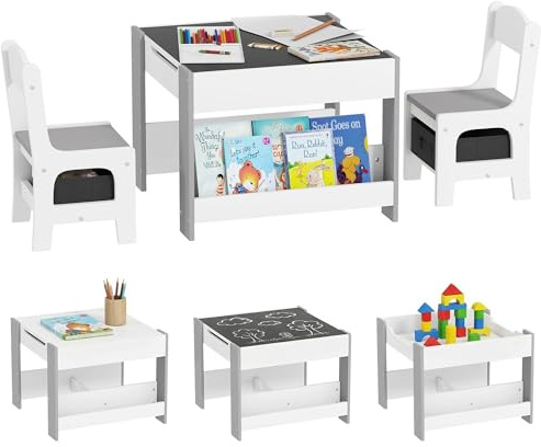 HOMCOM Set Tavolino per Bambini e 2 Sedie, Piano del Tavolo 3 in 1 con Lavagna, Contenitori e Vano Libreria, Grigio