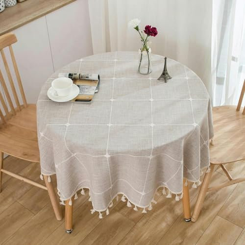 GFFJHGGD Mantel orbicular de Rejilla Grande Gris de 150 cm de diámetro, Mantel orbicular de Lino y algodón para Mesa pequeña, Mantel Circular para Cocina, café, Escoba de algodón, orbicular de 150 cm