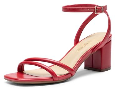 DREAM PAIRS - Sandali da donna con cinturini spessi e tacco a blocco, punta quadrata e fibbia alla caviglia, per uso quotidiano, matrimonio e feste, Rosso, 41 EU