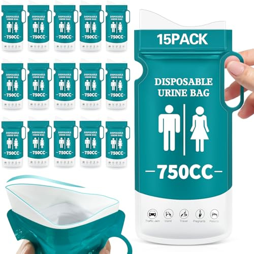 BBLTIFF 15 Pièces Sac Urinaire, 750 ML Urinoirs Portables, Pisse Debout, Toilettes Portables pour Femmes, Hommes et Enfants, Sacs Urinoirs d'urgence pour Voyages, Camping, Randonnées et Embouteillages