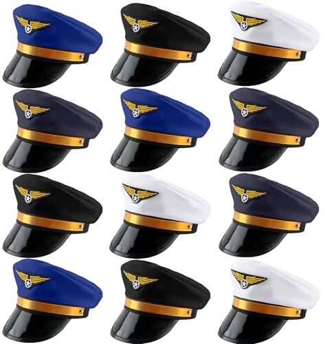 SGBETTER 12 Pack Men Pilot Hats Airplane Hat Adjustable Airline Pilot Hat for Women Halloween Cosplay Costume Accessory (Black, White, Blue, Navy Blue)
