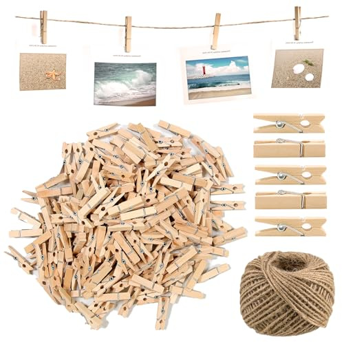 MDDK DY 200 Stück Mini Holzklammern 3,5 cm mit 30 m Juteschnur – Kleine Wäscheklammern aus Holz zum Aufhängen von Fotos, Postkarten, Kleidung & für DIY-Dekoration