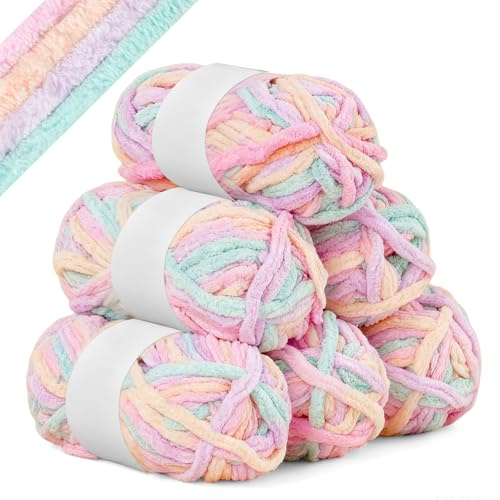 AUAUY Hilo de Chenilla, 6 x 50 g Chenilla de Terciopelo, Colores Arco Iris Hilo Tejido a Mano, para Mantas, Prendas, Bufandas, Suéteres y Guantes