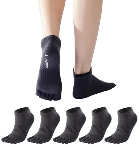 CoziSox Calcetines 5 Dedos Cortos Finos Transpirables, Soporte Arco Plantar, Malla Absorbe Humedad, Correr Hombre Mujer 5 Pares Algodón (FR/ES, Letras, M, Regular, Regular, Negro)