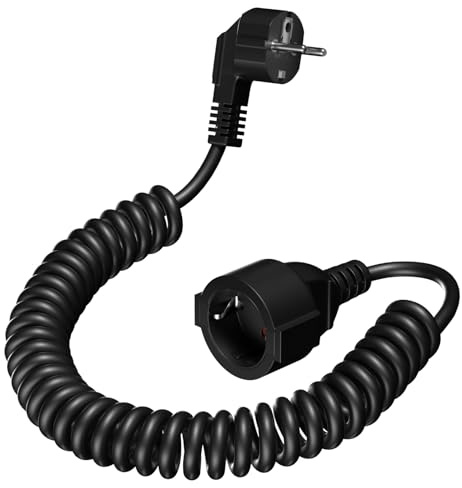 Cable Alargador Espiral de 2M, Cable Espiral Extensible de 0,7M a 2M MAX, IP20(230 V/16 A) Cable de Extensión Schuko para el Hogar, La Oficina, Fábrica, Negro