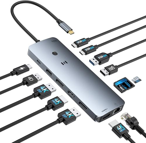 Selore Laptop dockningsstation 3 bildskärmar, USB C-hub med 2 HDMI 2DP, RJ45 Ethernet, 5 Gbit/s USB C/A, 100 W PD SD/microSD för Dell/HP/Lenovo