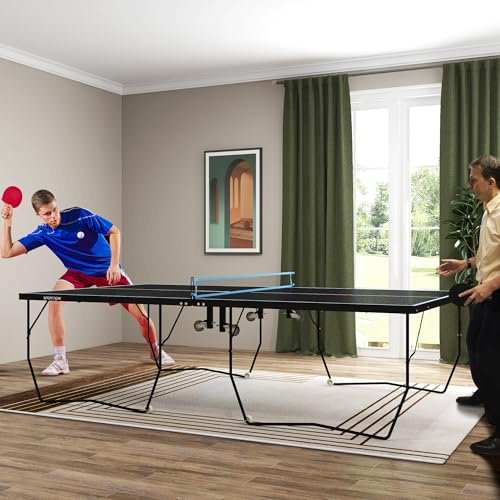 Gecheer Tavolo da Ping-Pong Pieghevole, con Rete Ruote 2 Racchette e 3 Palline 274 x 152,5 x 76 cm Acciaio Nero per Esterni e Interni