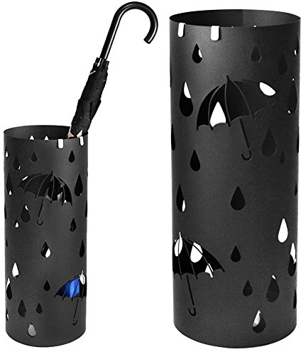 BAKAJI Portaombrelli Stand in Ferro di Design Porta Ombrelli Forma Rotonda Decorazione Intarsio Ombrelli e Gocce Vaschetta Salvagoccia e Ganci per Ombrelli Pieghevoli (Nero)