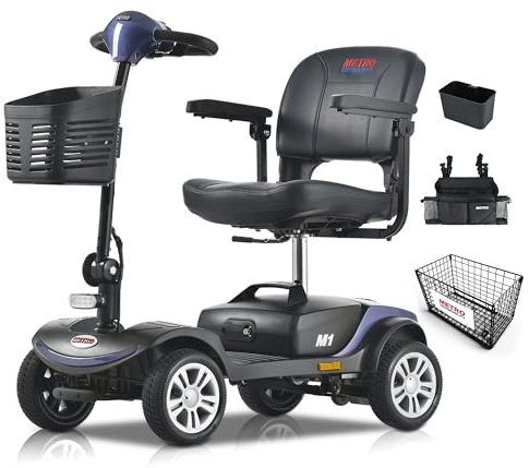 Metro Mobility 4 Wheel Foldable Mobility Scooter for Adults - 300 lbs Capacity Electric Mobility Scooters for Seniors - Long Range Power Extended Battery with Thickened Seat and Front LED Light - Blue