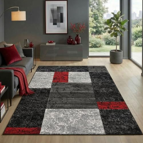 Carpetsale24 Teppich 120x170 cm Kurzflor Konturenschnitt in Schwarz Grau Rot Kariertes Design, Extra Weich, Waschbar, Pflegeleicht Für Wohnzimmer, Schlafzimmer, Esszimmer