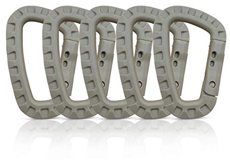 Holesto® Set di 5 Moschettoni in Plastica – Moschettone Nero Tattico Militare – Clip da Esterno Grande – Molle a D – Gancio in Plastica Resistente – Carabiner – 5 Pezzi (Grigio)