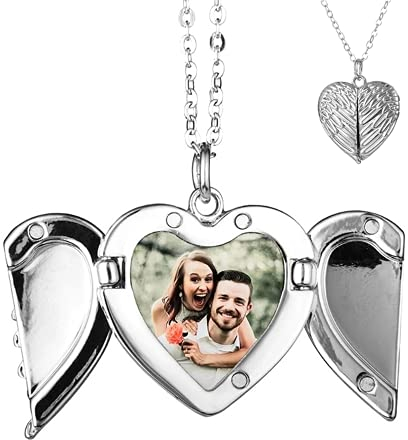 TOFBS Bilder Medaillon zum öffnen mit Kette Herz Engelsflügel Damen Personalisierte Halskette Amulett Anhänger mit Foto Schmuck (Silber)