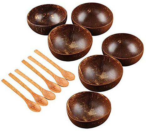 Jcevium Juego de cuencos de coco hecho a mano con cáscara de coco vajilla cuchara de madera postre ensalada de frutas tazón de mezcla de arroz Ramen Bowl 12 piezas