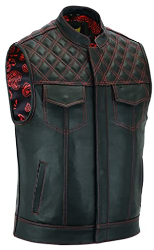 Leatherick Groove Club Hommes Gilet Cuir Biker - Doublure Traditionnelle En Satin Paisley (FR/ES, Numérique, 56, Taille normale, Taille normale)