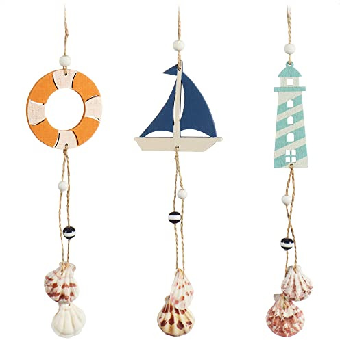 com-Four® 3X decoración Colgante marítima – Decoración para Colgar – Barco, Faro y boya de Rescate con Conchas – Decoración para Colgar de Madera (3 Piezas – 35 cm)