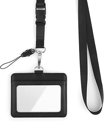 TIESOME Hochwertiges Leder Ausweishalter aus echtem Leder mit Lanyard, Umhängeband durchsichtiger Ausweisfenster Kartenschutz für Lehrer Krankenschwester Fahrkartenhülle Busfahrkarten