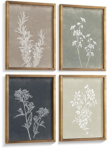 Framed Boho Wall Art Set of 4 for Wooded Minimalist Botanical Print Wall Art for Rustic Vintage Farmhouse Home Kitchen Wall Decor (Brown, 11x14)