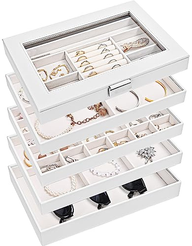 Procase Bandejas Apilables para Joyas, 5 Unidades de Cajas Organizadoras de Joyería con Tapa Ideal para Almacenaje de Anillos Aretes Collares Pendientes Prendedores Pulseras Reloj -Blanco