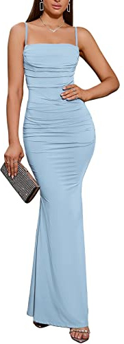 EYNMIN Women's Sleeveless Bodycon Corset Maxi Dress Spaghetti Strap Ruched Elegant Evening Wedding Guest Long Formal Dresses Blue S