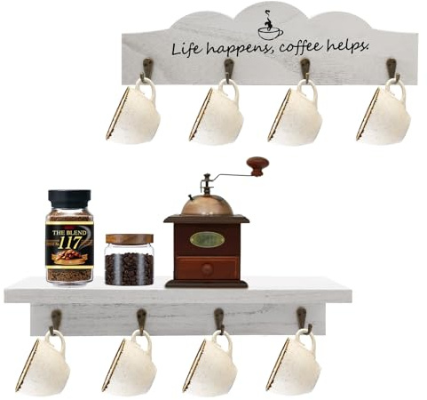 LYFJXX Kaffeetasse Halter Wandhalterung mit 8-Haken, 2-Pcs hölzerner Kaffeetasse Halter mit Kaffeezeichen, Teetasse Aufhänger für Bar Küche Organizer Display, Kaffeeecke Ecke Dekor (White-2pcs)