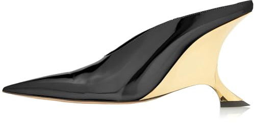 Kluolandi Metallic Heeled Mules for Women Sexy Pointed Closed Toe Slip On Wedge Mule Pumps Heels, Black Gold, 4 UK