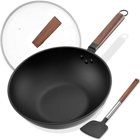 Todlabe Carbon Steel Wok - Including Glass Cover and Silicone Spatula, 13-Inch Woks & Stir-Fry Pans for Induction, Electric, Gas Stoves