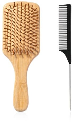 1 brosse à cheveux en bambou naturel avec 1 peigne à cheveux en forme de queue, brosse à cheveux antistatique, lissante et bouclée, brosse de massage à coussin d'air, brosse à cheveux plate pour