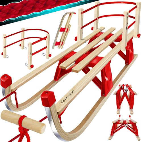 KESSER® Luge en Bois Premium Luge avec Dossier Pliable Luge Pliante pour Enfants jusqu'à 120Kg Luge pour Enfants 110cm en Bois de hêtre Dossier INCL. câble de Traction Poussette Patins métalliques