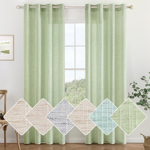 MIULEE Linnegardiner med öljetter, Voilegardiner, Linnelook, Moderna Gardiner för Vardagsrum, Barnrum, Kök, Tab Top-gardiner, Set om 2, 140x225 cm, Grön | Panelgardiner för linneinteriör, lätt tyg, perfekt för vardagsrum, sovrum, fönster och balkongdörrar