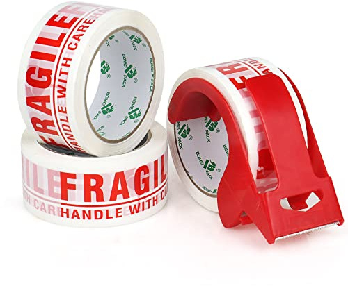 BOMEI PACK 3 Rolls Fragile printed Box Sealing Tape with1 Dispenser,Sticky Box Secure Packing Tape for Heavy Duty Fragile Moving boxes Packaging,48mic x 48mm x 66m