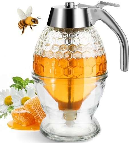 Timtopno Honey Dispenser, Glass Honey Dispenser No Drip, Honey Pot with Stand, 8 oz Honey Jar, Maple Syrup Honey Container, Elegant Honeycomb Design for Home Decor for Any Occasion