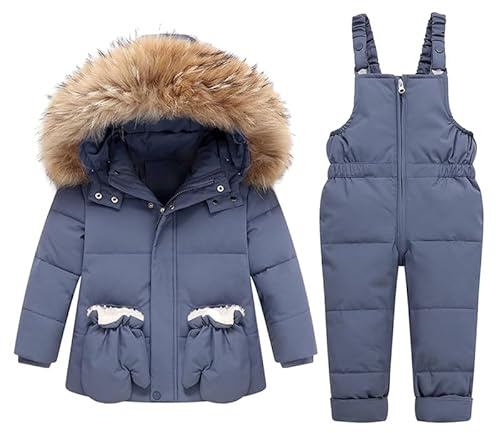 Runstarshow 2 Piece Snow Suit Kids Puffer Jacket Boys Girls Snow Bib Pants Toddler Ski Suits Hooded Down Coat with Gloves Overall Trousers Warm Winter Clothes for 1-6 Years