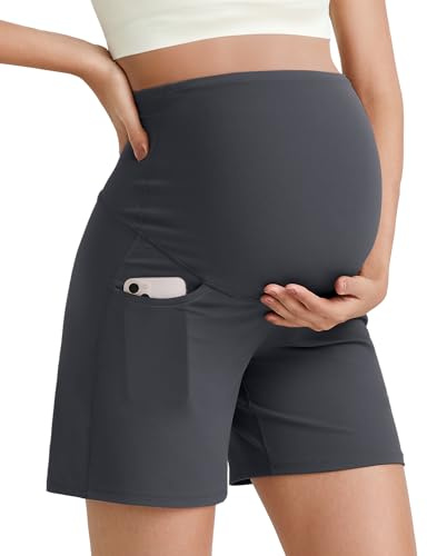 G4Free BareFeel Maternity Athletic Shorts with Pockets Over The Belly Workout Pants Lounge Summer Pregnancy Clothes(Dark Gray,M,6)