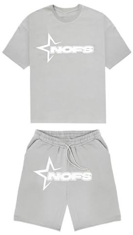ZEZEZ NOFS sommarjoggingträningsdräkt, t-shirt och shorts for män med NOFS-tryckt logotyp, lätt kort sommardräkt(grå,M)