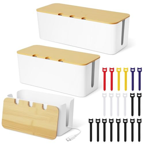 Votoko Lot de 3 Boite Cache Cable, Boite Multiprise avec Couvercle en Bois, Boite Rangement Cache avec 20 Attaches pour Câbles pour Cacher et Organiser Les Câbles, Grande, Moyenne et Petite